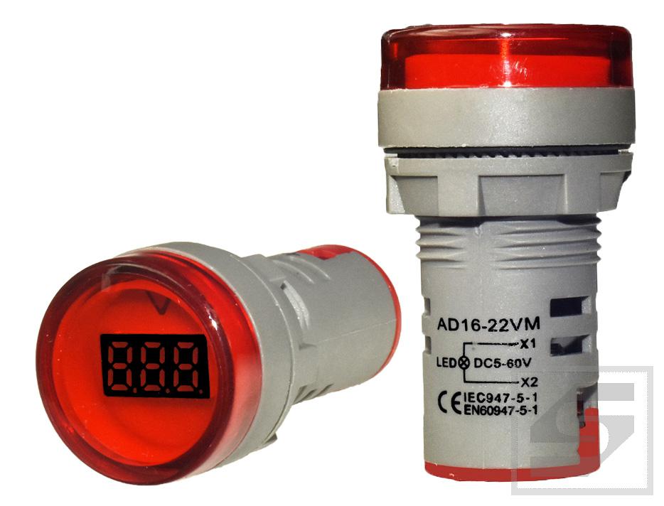 Miernik AD16-22VM/R;czerwony;22mm; zakres 5-60VDC woltomierz