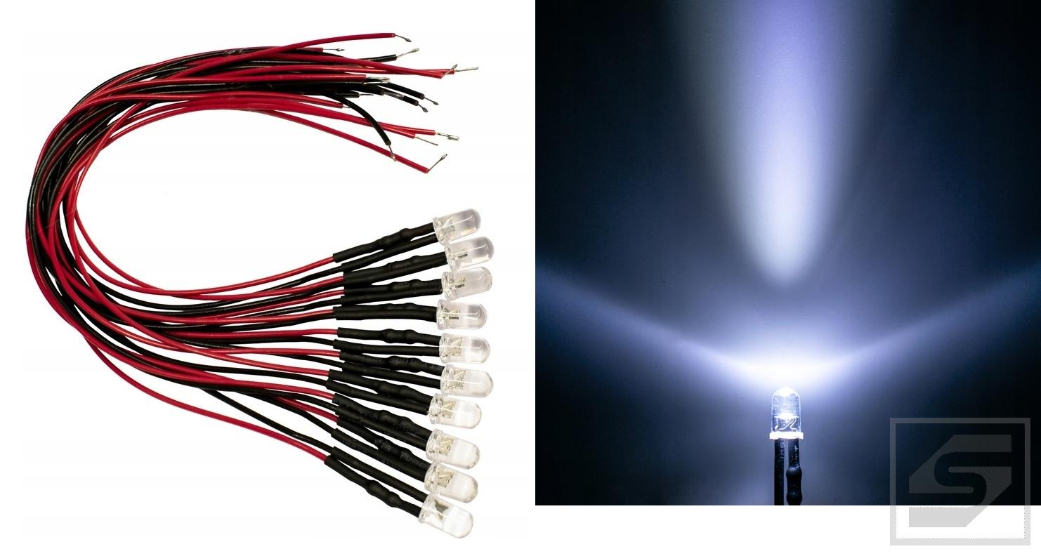 Dioda LED 5mm 12V biała; clir z przewodem 20cm;22mA;500mcd;