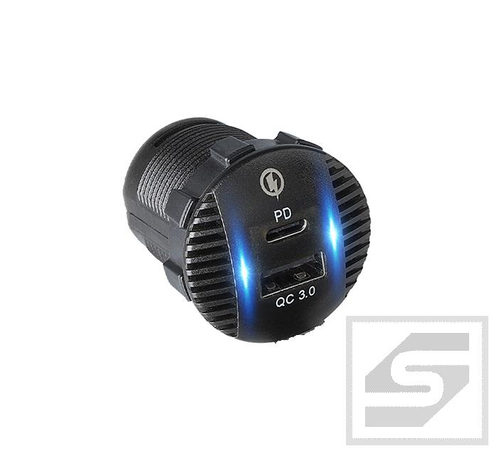 Ładowarka 1xQC3.00USB;1xPD TYP C; 5V/3.4A;Napięcie wejściowe:12-24V;